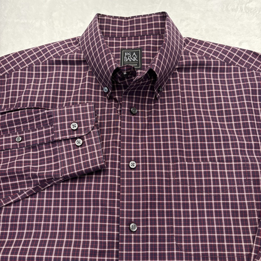 Jos A Bank Traveler Plaid Shirt Men L Burgundy Navy Smart Casual